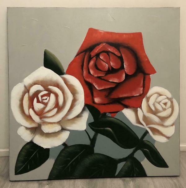 Prachtige Leuk schilderij drie rozen op doek 80x80cm