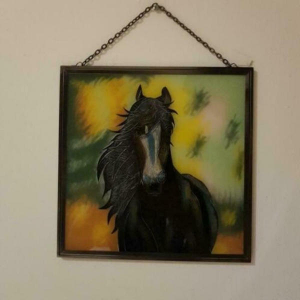 Glas in lood schilderij paard 26 x 26 cm nieuw