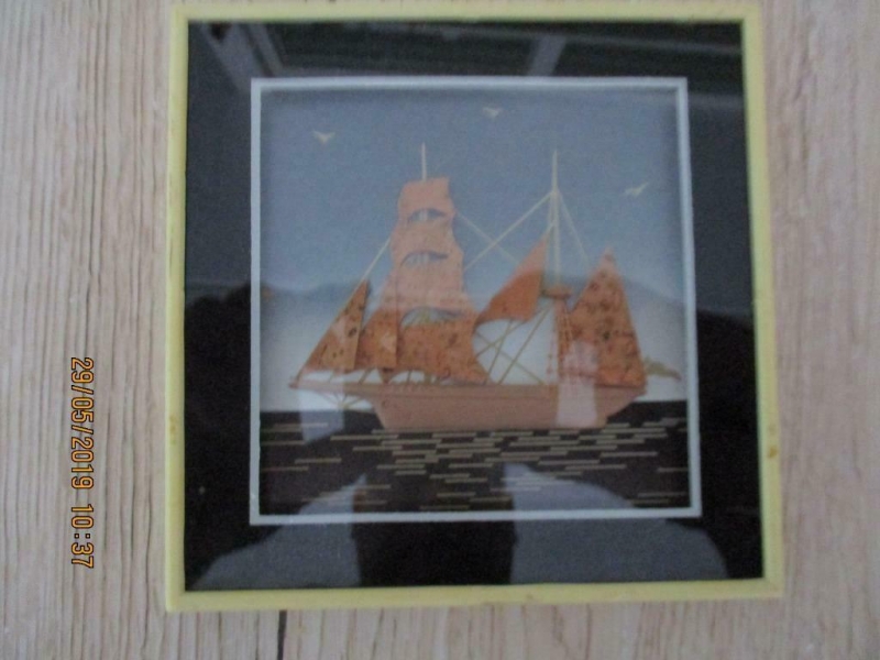 3 D schilderijtje van zeilboot 13 x 13 cm